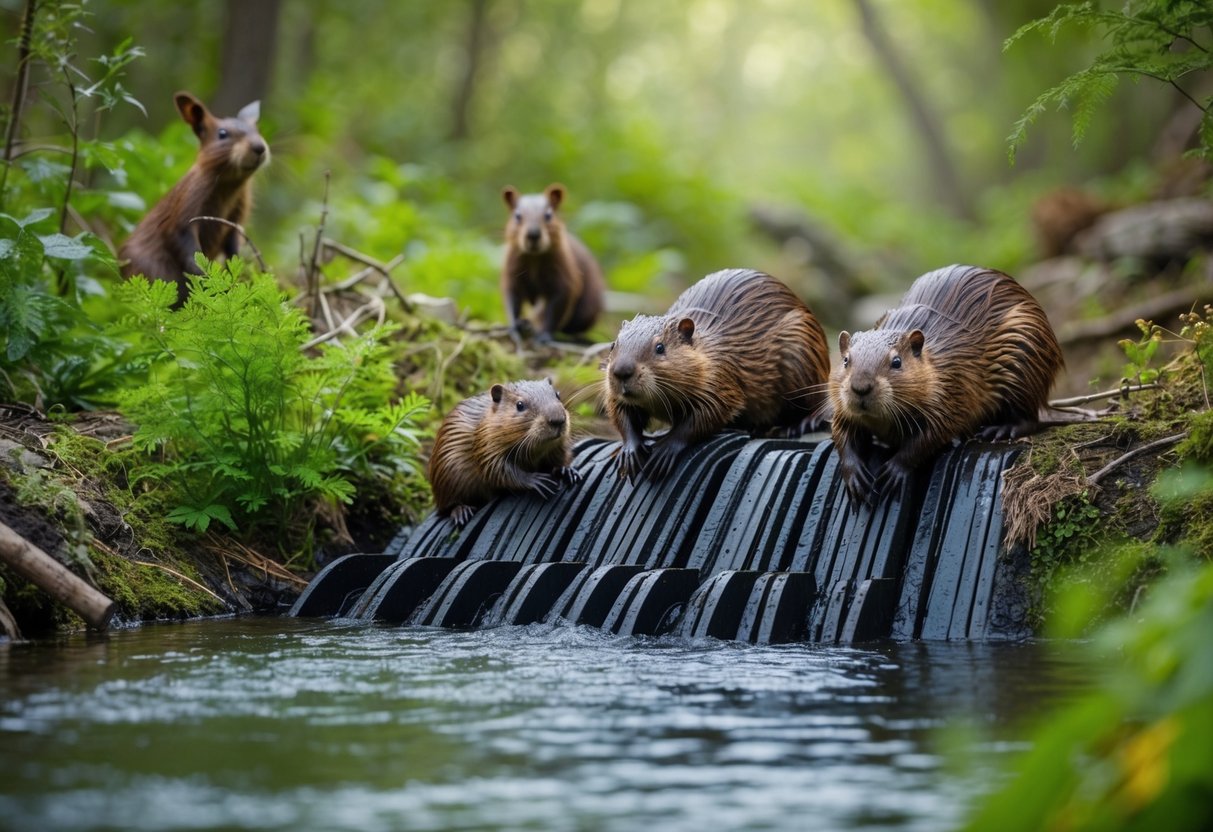 A beaver family building a dam in a serene forest stream, surrounded by various wildlife and lush vegetation