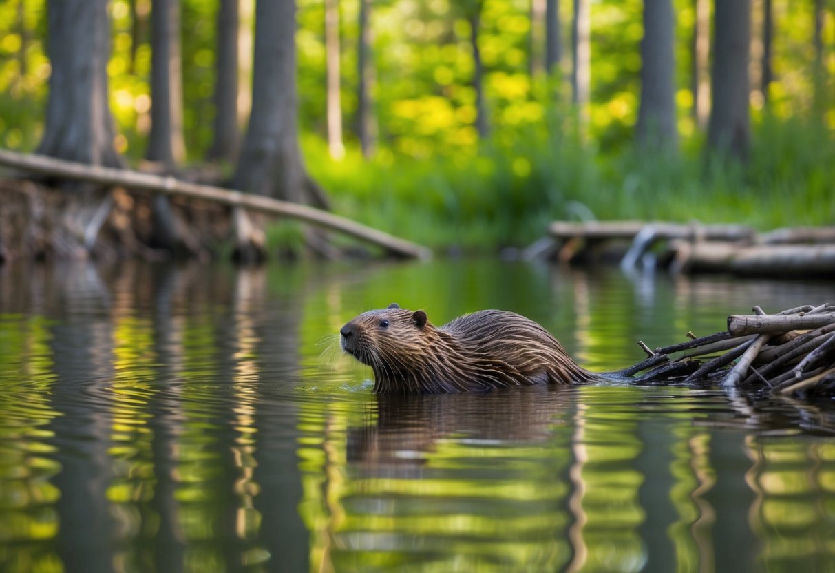 A beaver swims in a tranquil pond, surrounded by a lush forest of tall trees and a dam built from branches and logs