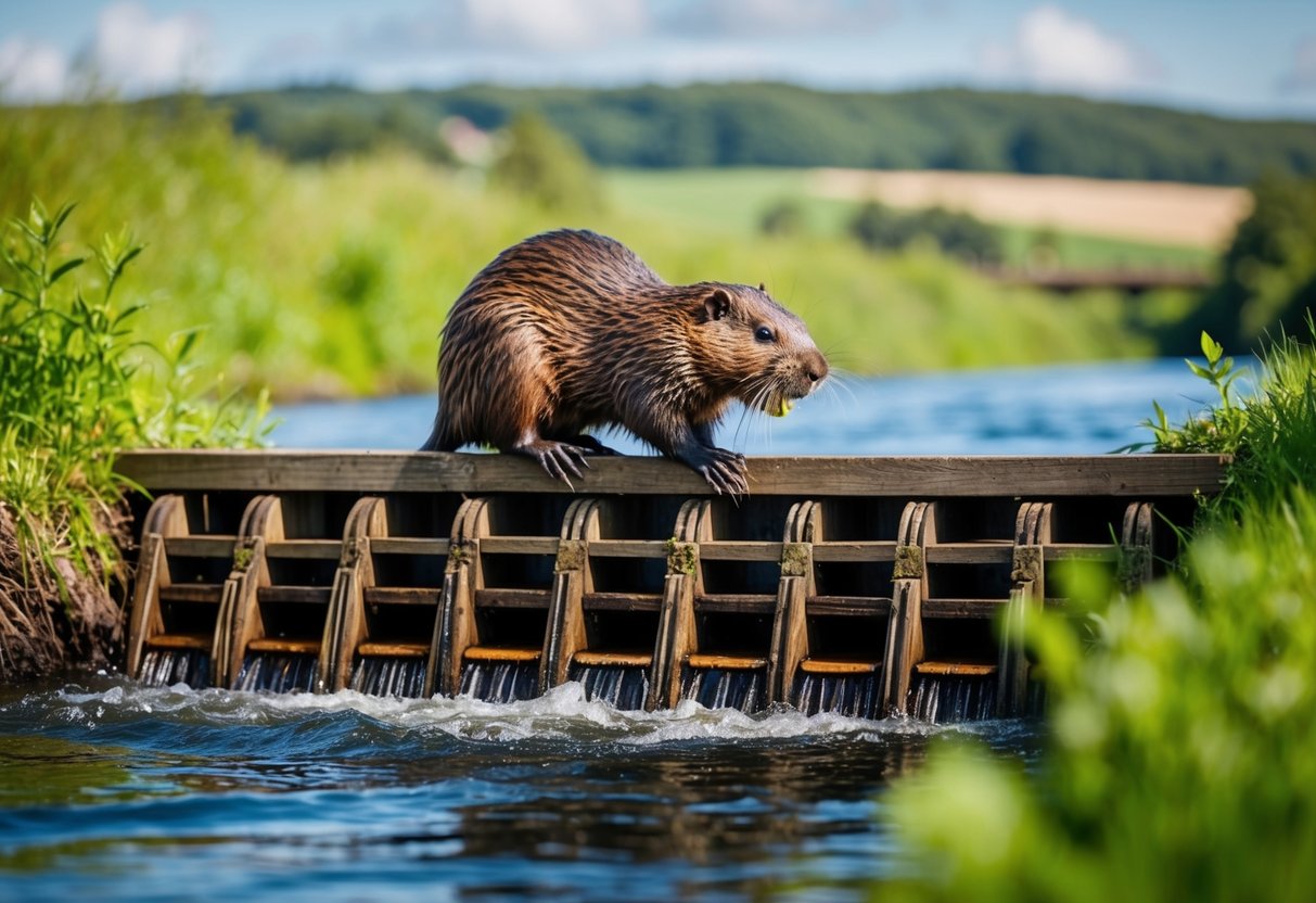 A beaver building a dam in a lush UK river landscape