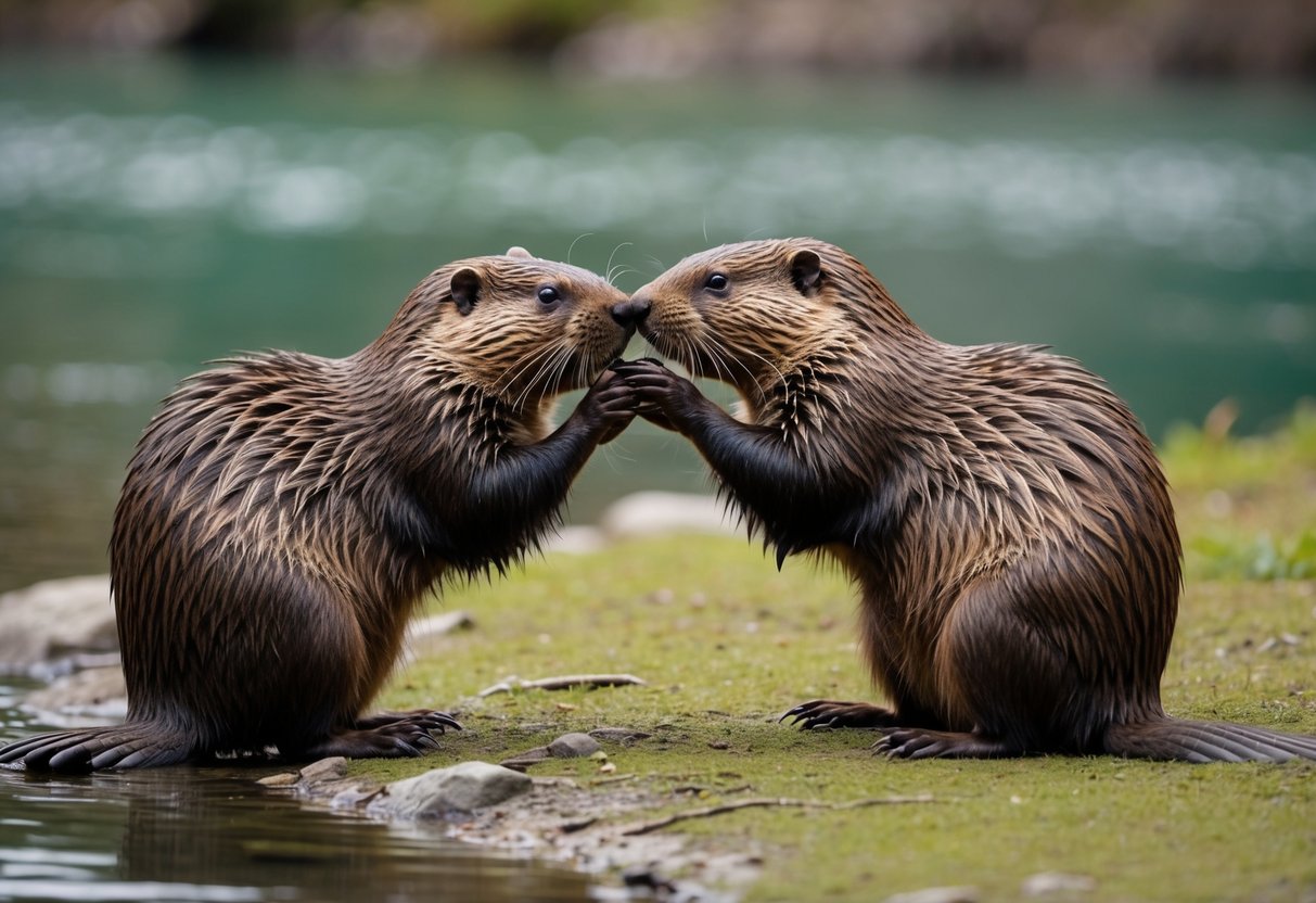 A beaver grooming its mate, nuzzling and touching noses affectionately near their lodge by a serene river