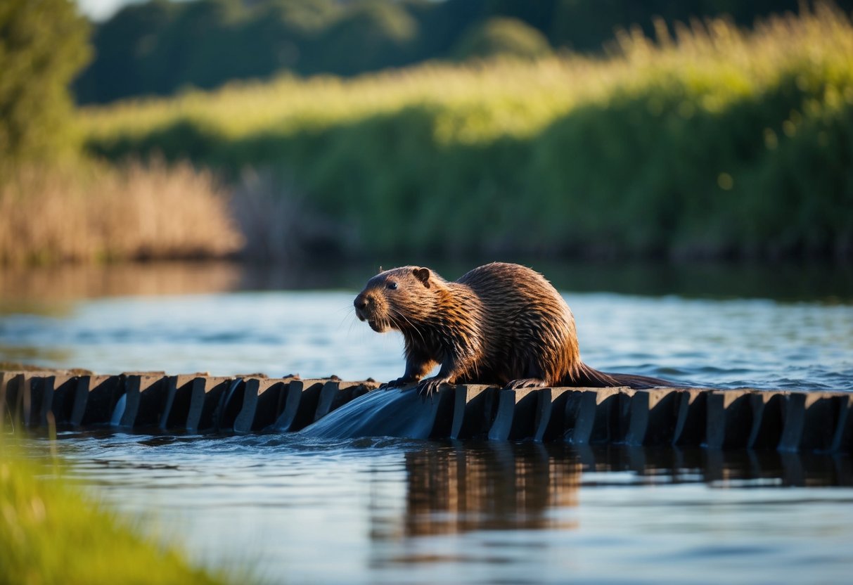 A beaver building a dam in a serene UK river landscape
