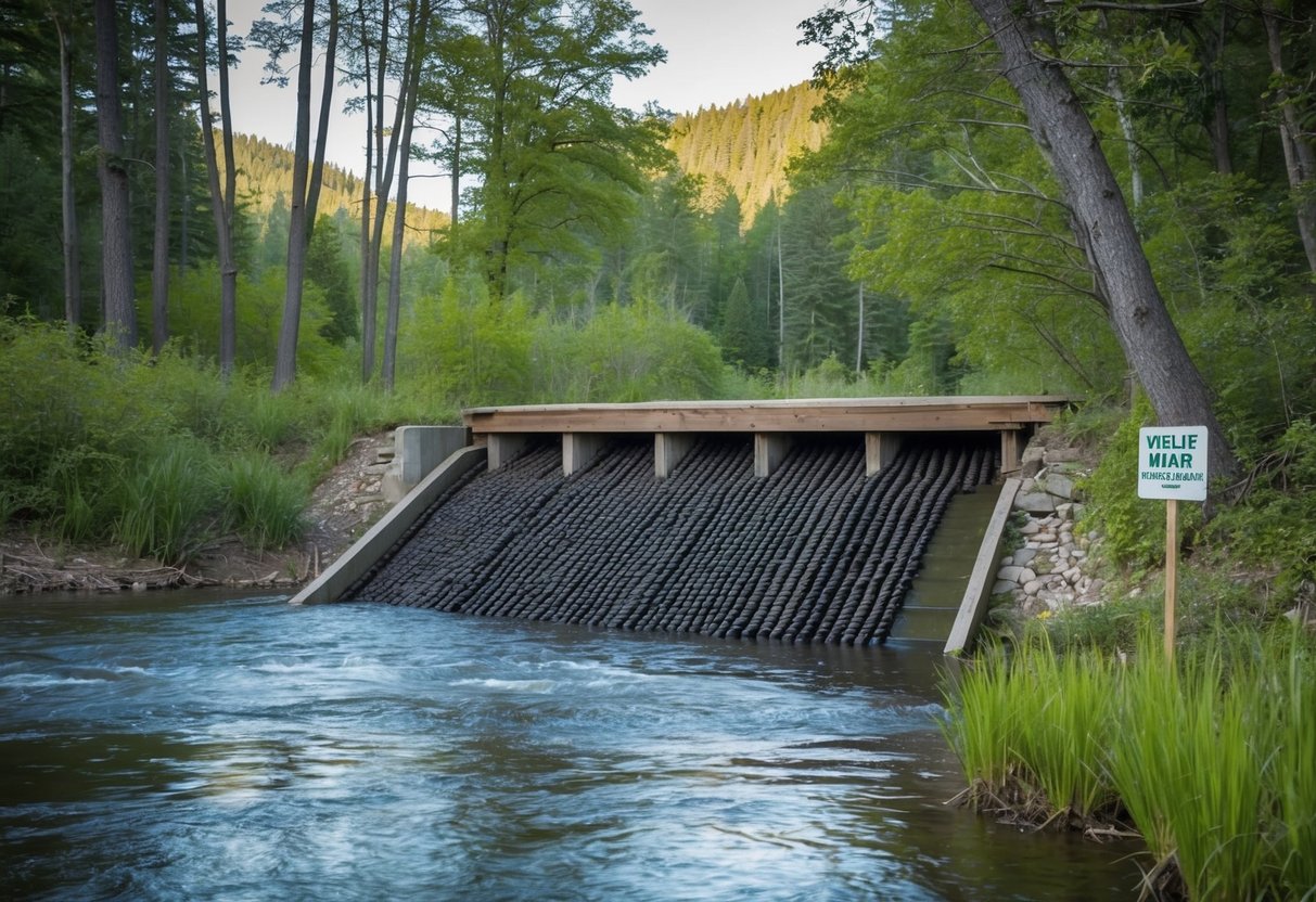 A beaver dam built along a river with surrounding trees and vegetation. A wildlife management sign is posted nearby