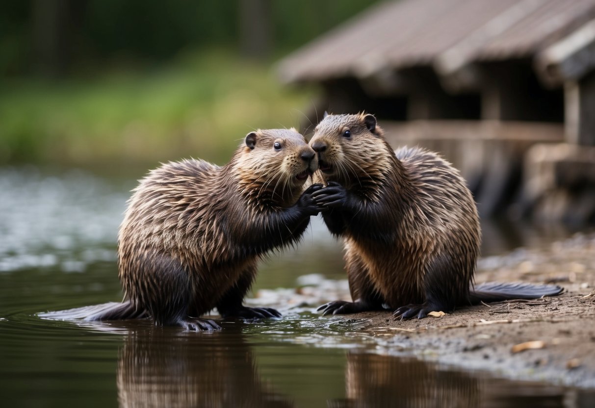 Two beavers grooming each other by the water's edge, surrounded by their dam and lodge