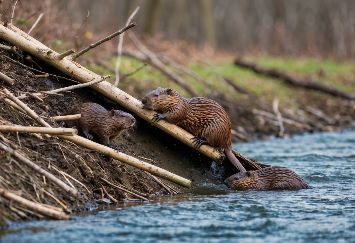 A beaver family building a dam with sticks and mud near a flowing river