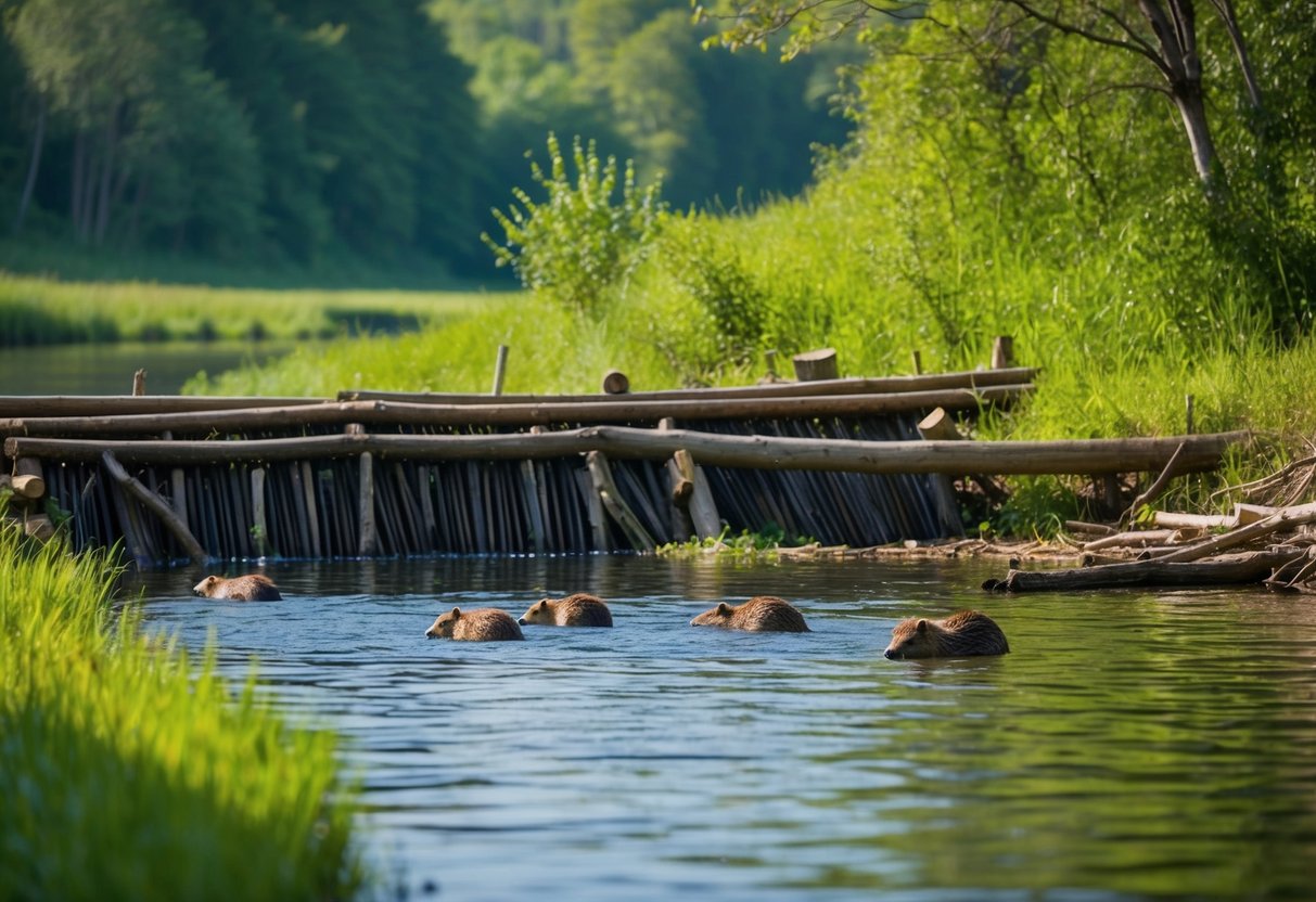 A serene riverbank with lush vegetation and a dam constructed from logs and branches. A beaver family swims and gathers food in the water