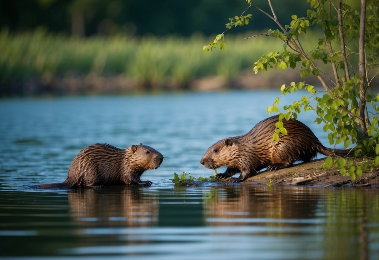 A beaver family nibbles on tree branches and aquatic plants by a calm river