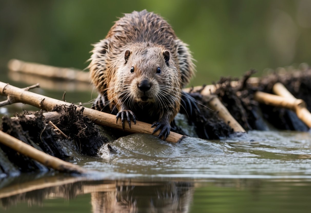 A beaver meticulously constructs a dam from fallen branches and mud, carefully shaping and arranging the materials with precision and skill