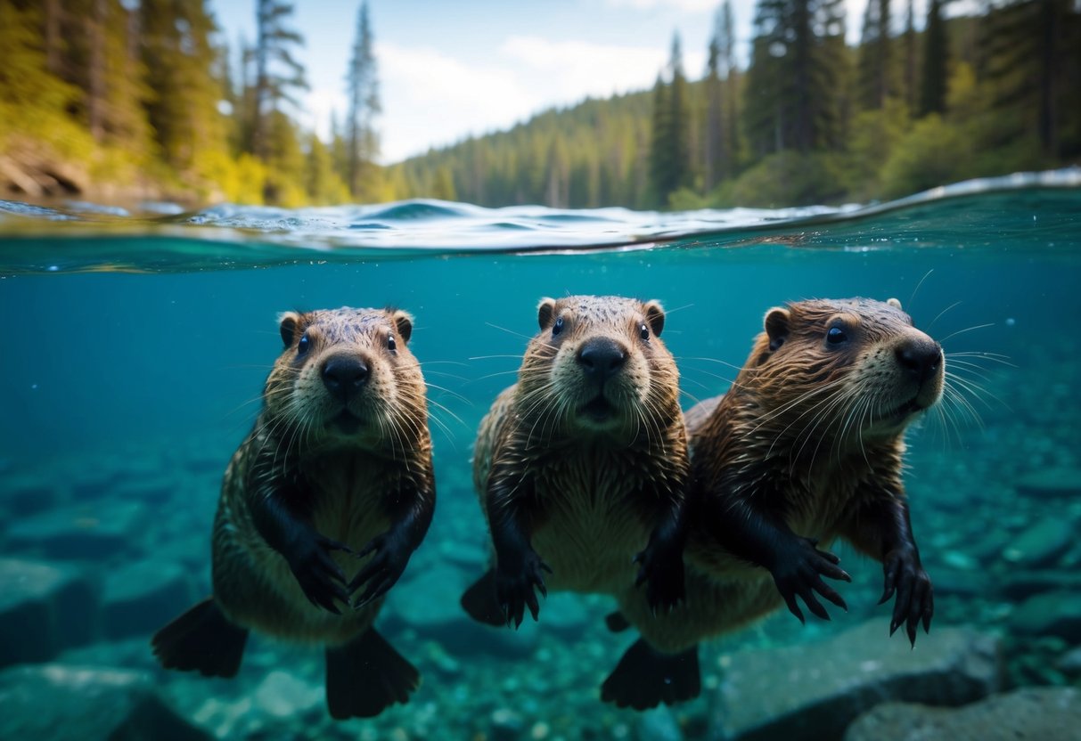 A family of beavers swimming underwater in their natural habitat, surrounded by tall trees and a flowing river