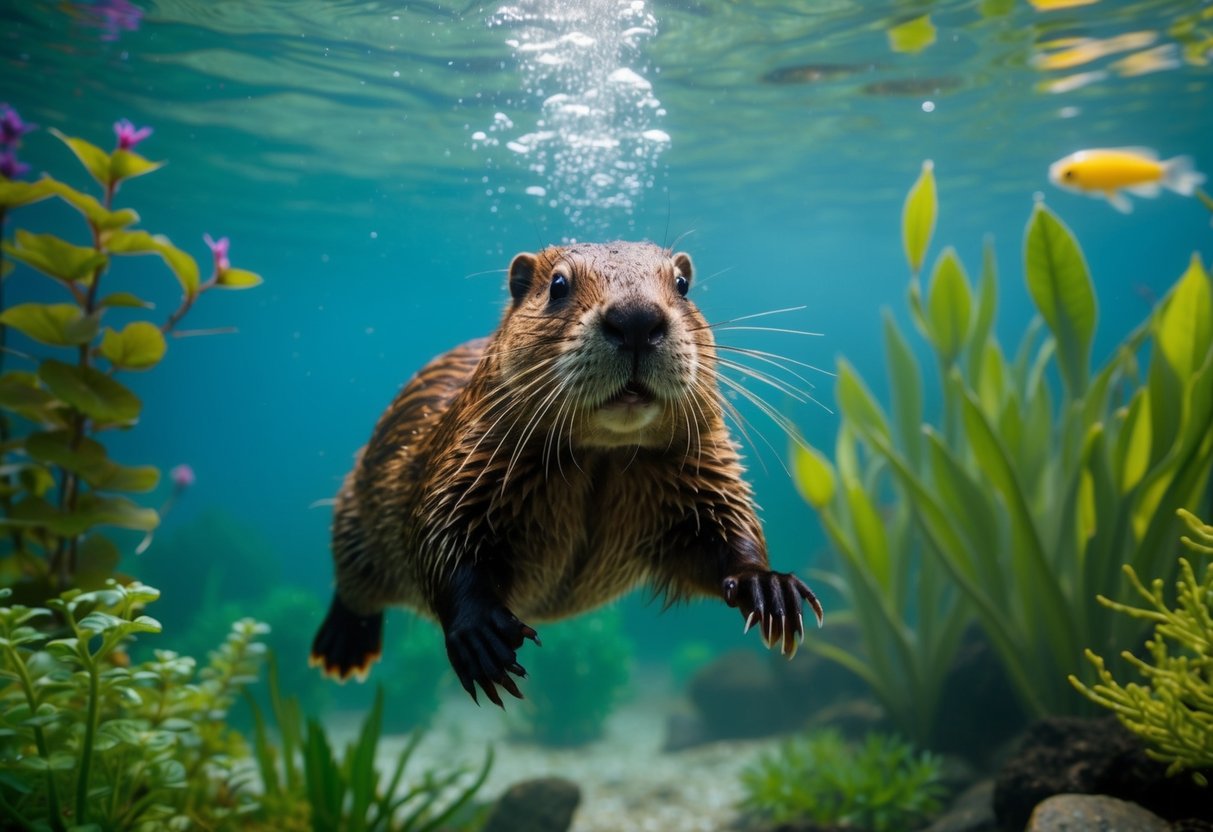 A beaver swimming underwater, surrounded by a diverse ecosystem of plants and aquatic life