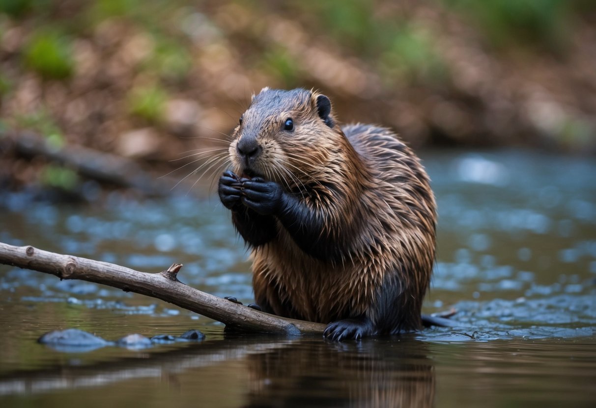 A beaver sits near a stream, gnawing on a branch