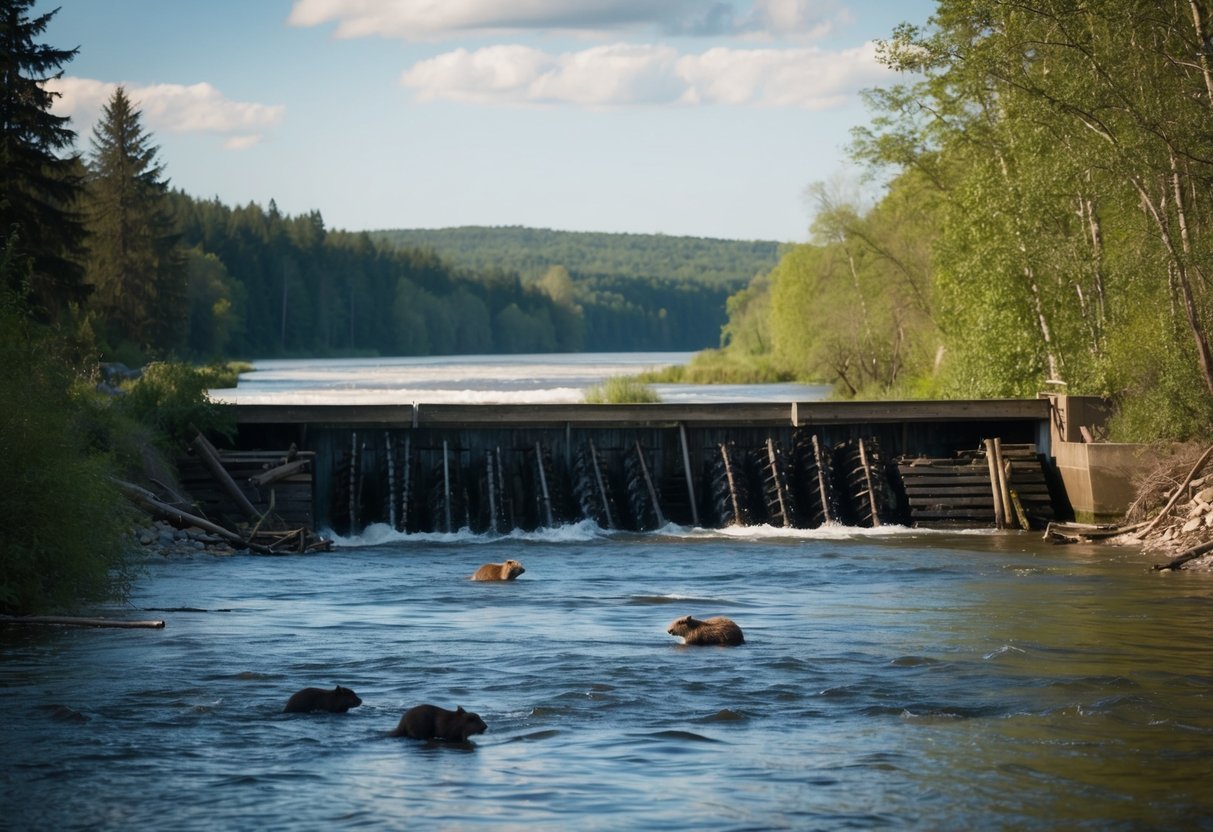 Beavers damming a river, causing flooding and damage to nearby trees and infrastructure