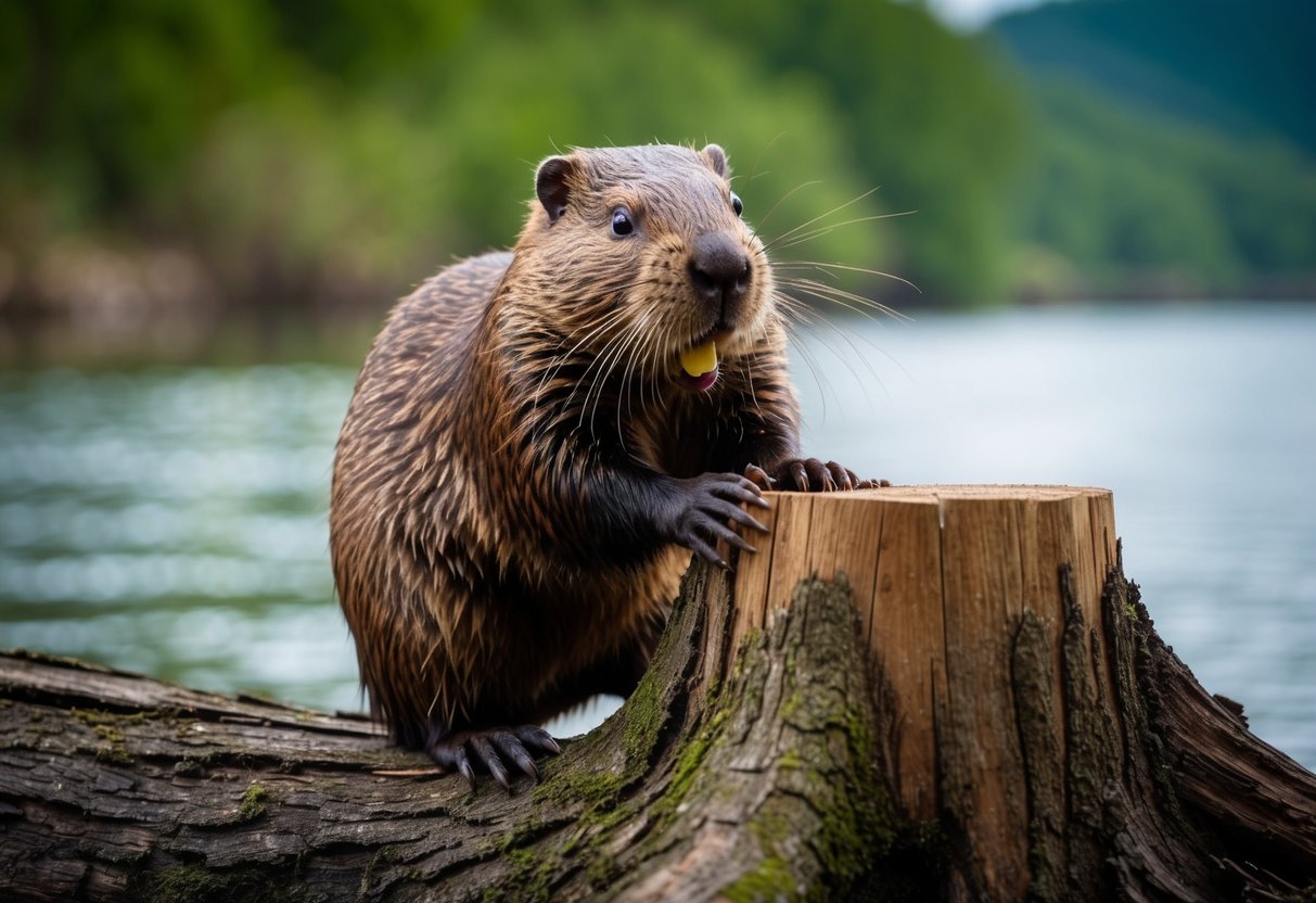 A beaver cautiously gnaws on a tree stump near a tranquil river