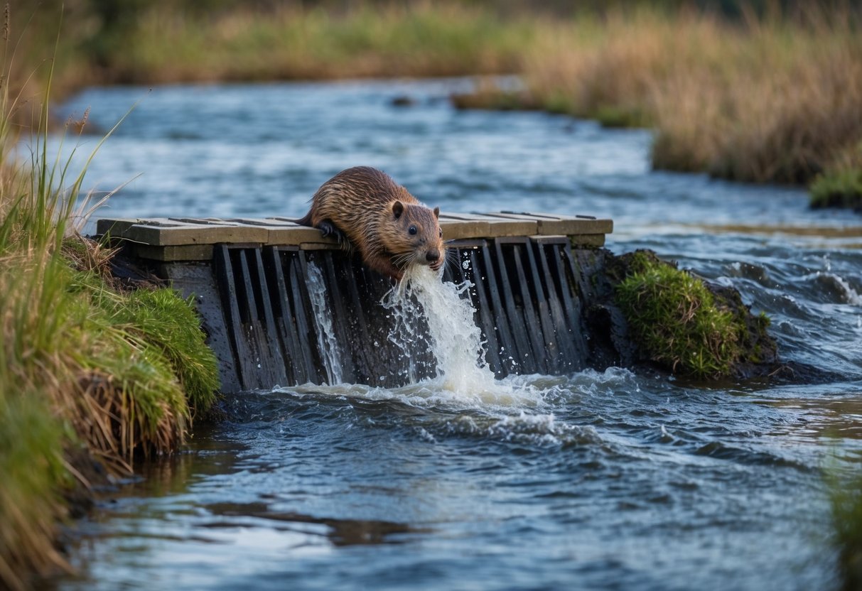 A beaver builds a dam in a flowing stream, altering the landscape and creating a new habitat for other wildlife