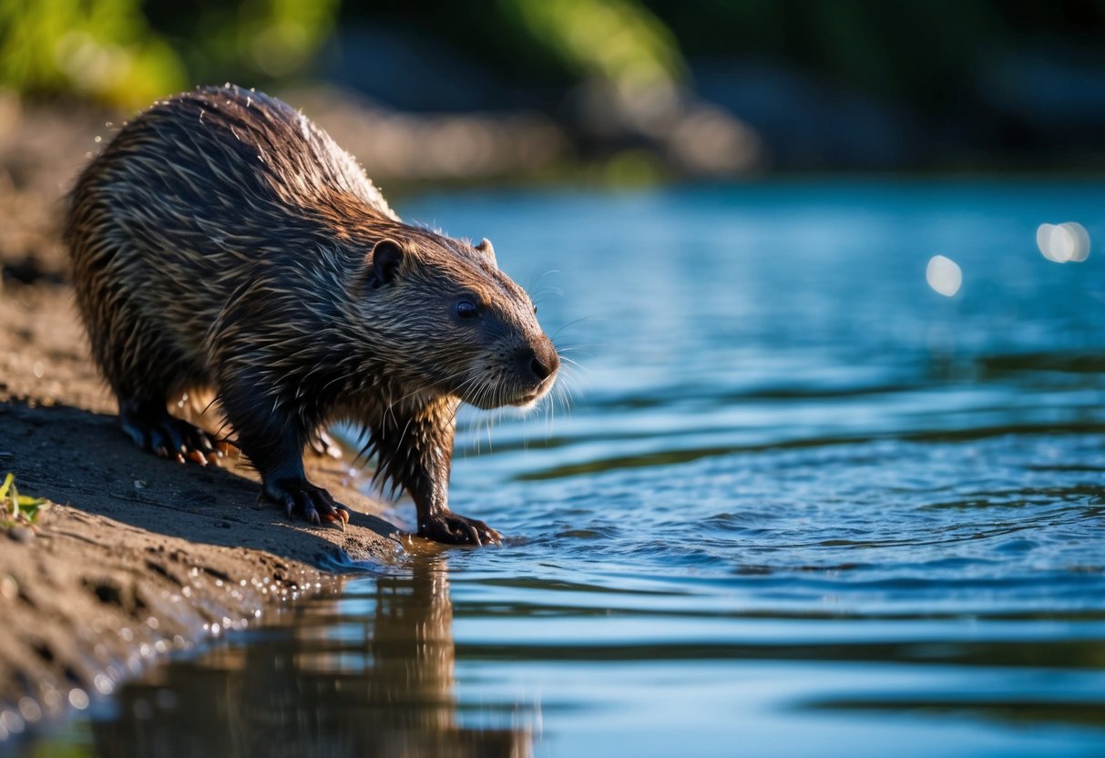 A beaver cautiously approaches the water's edge, its sleek fur glistening in the sunlight as it surveys its surroundings