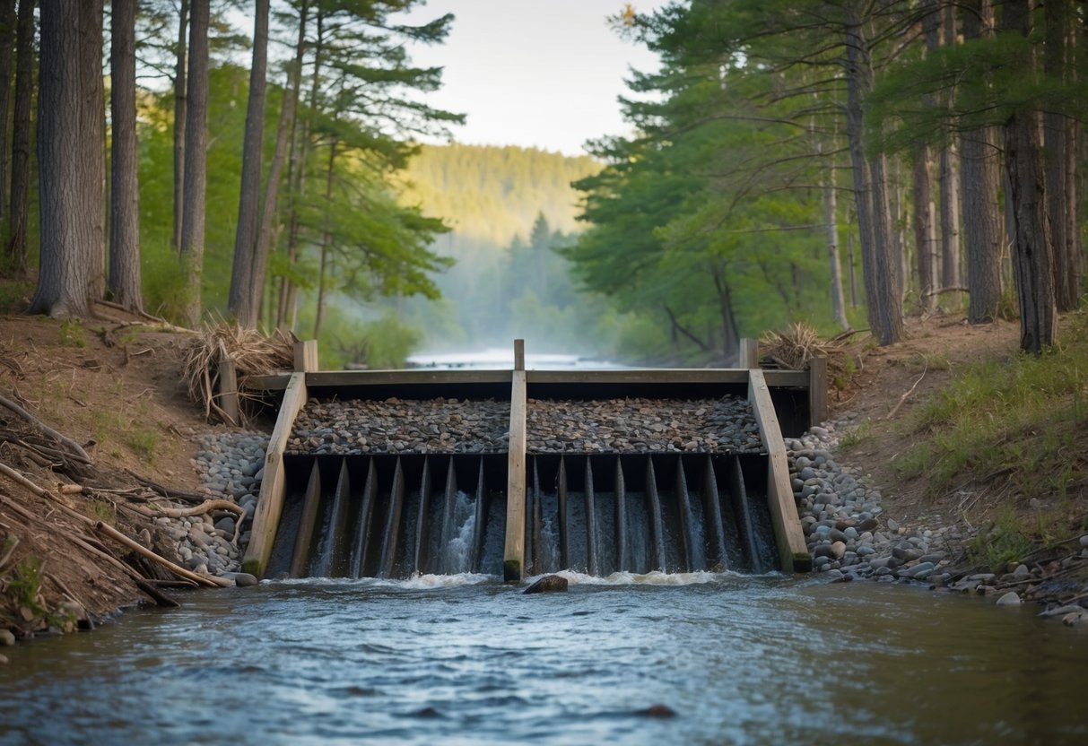 A beaver dam blocks a stream, flooding nearby trees and causing damage to the surrounding ecosystem