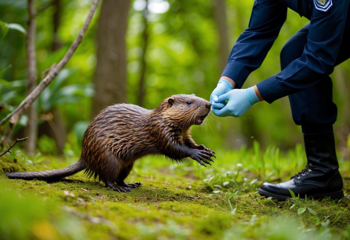 A beaver is being released into a lush, wooded area by a person wearing a uniform. The beaver eagerly scampers into the wild