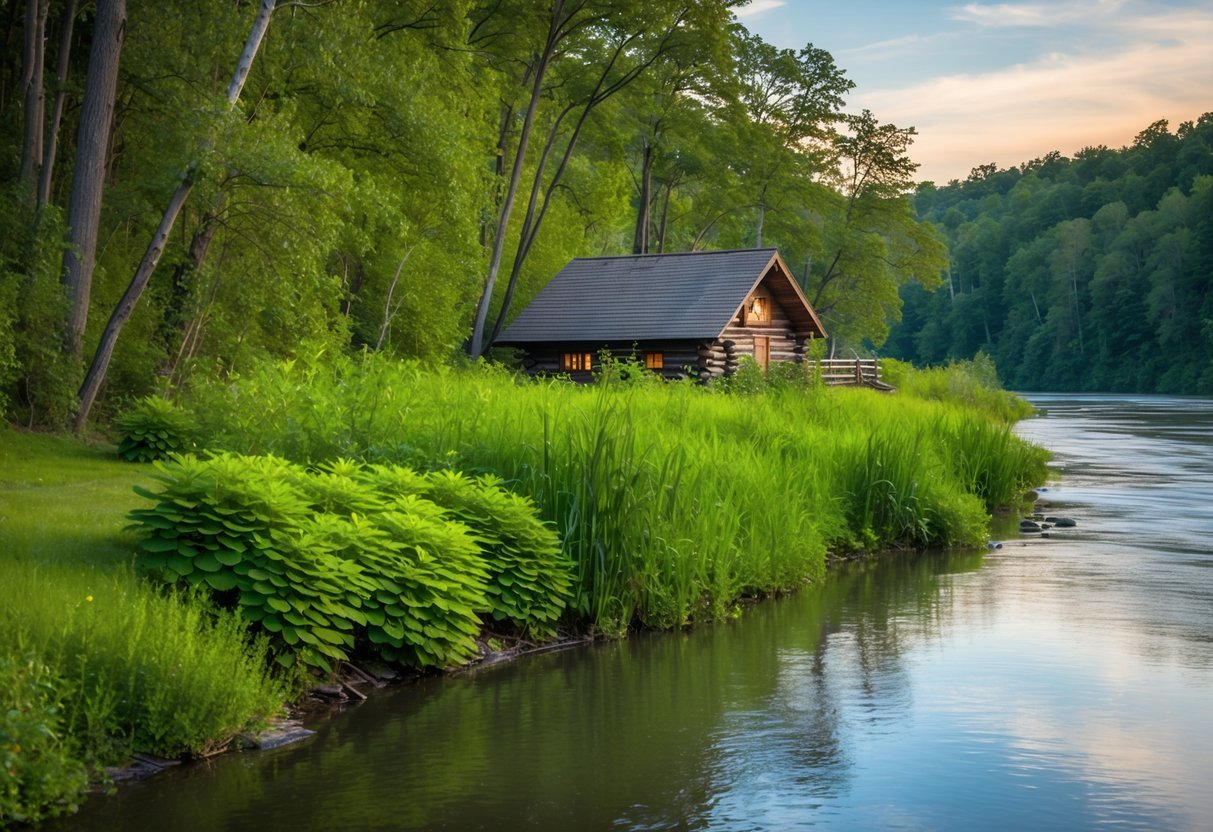 A serene riverbank with lush green vegetation and a cozy beaver lodge nestled among the trees