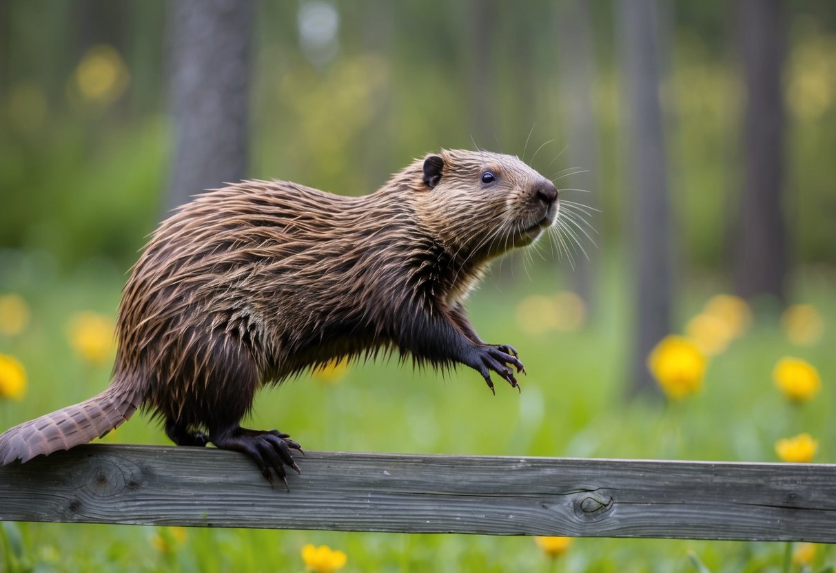 A beaver successfully climbs over a wooden fence in a forest clearing