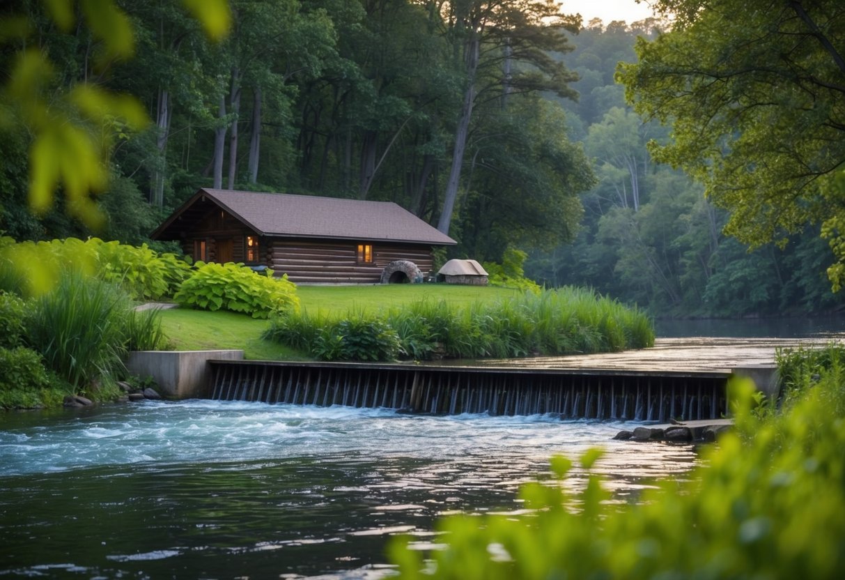 A serene riverbank with lush vegetation, a dammed river, and a cozy beaver lodge nestled among the trees