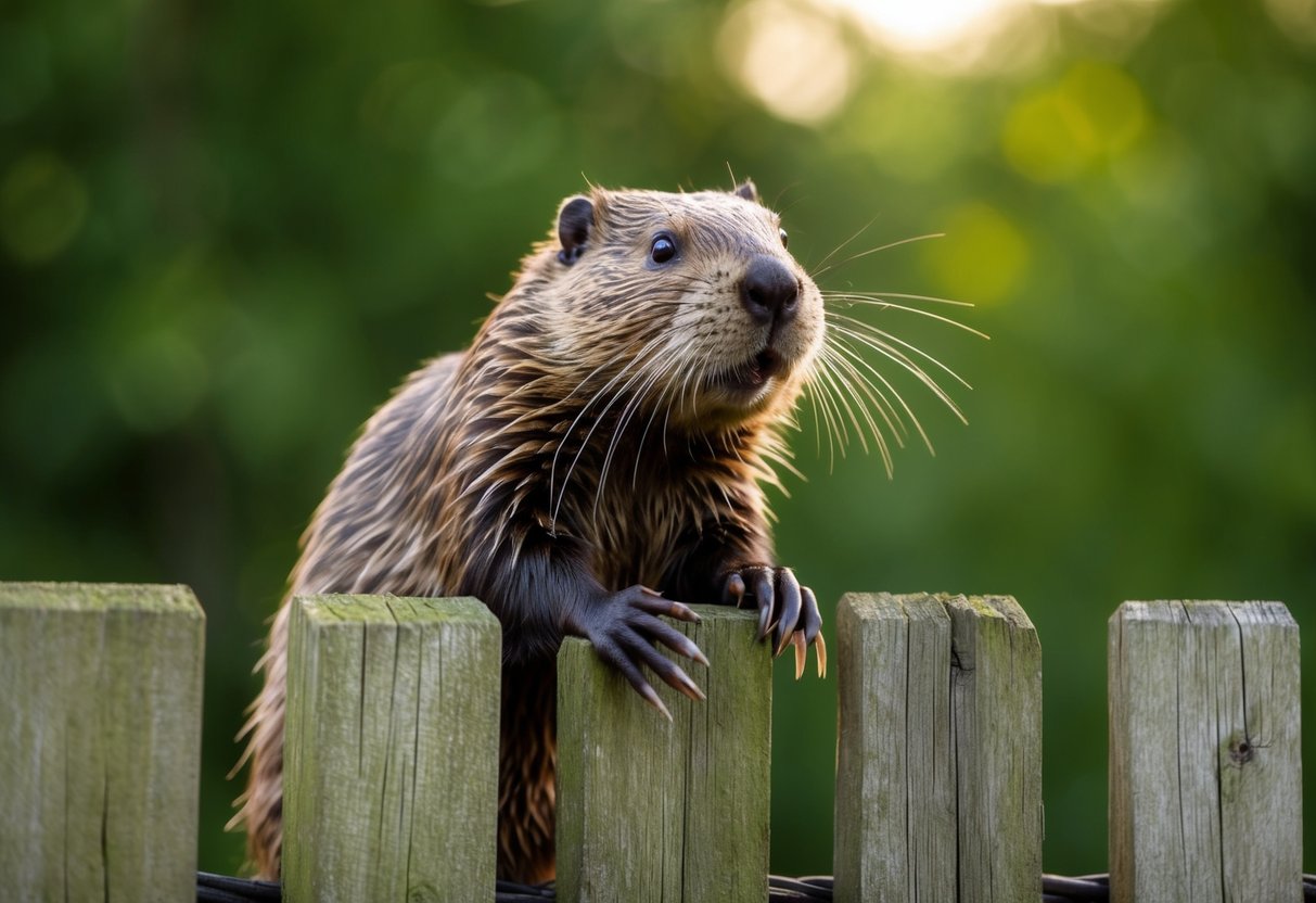 A beaver stands at the base of a wooden fence, looking up with curiosity and determination, its claws gripping the rough surface as it begins to scale the obstacle