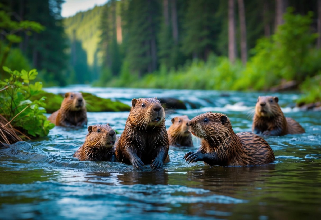 A beaver family is released into a lush, flowing river surrounded by dense forest. They eagerly explore their new home, building dams and creating a bustling ecosystem