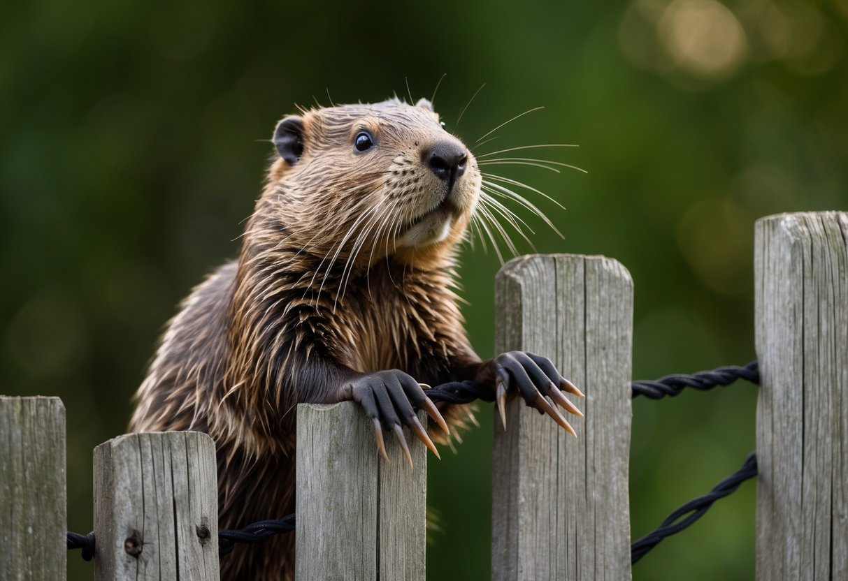 A beaver stands at the base of a wooden fence, looking up with determination, its claws gripping the rough surface as it prepares to climb