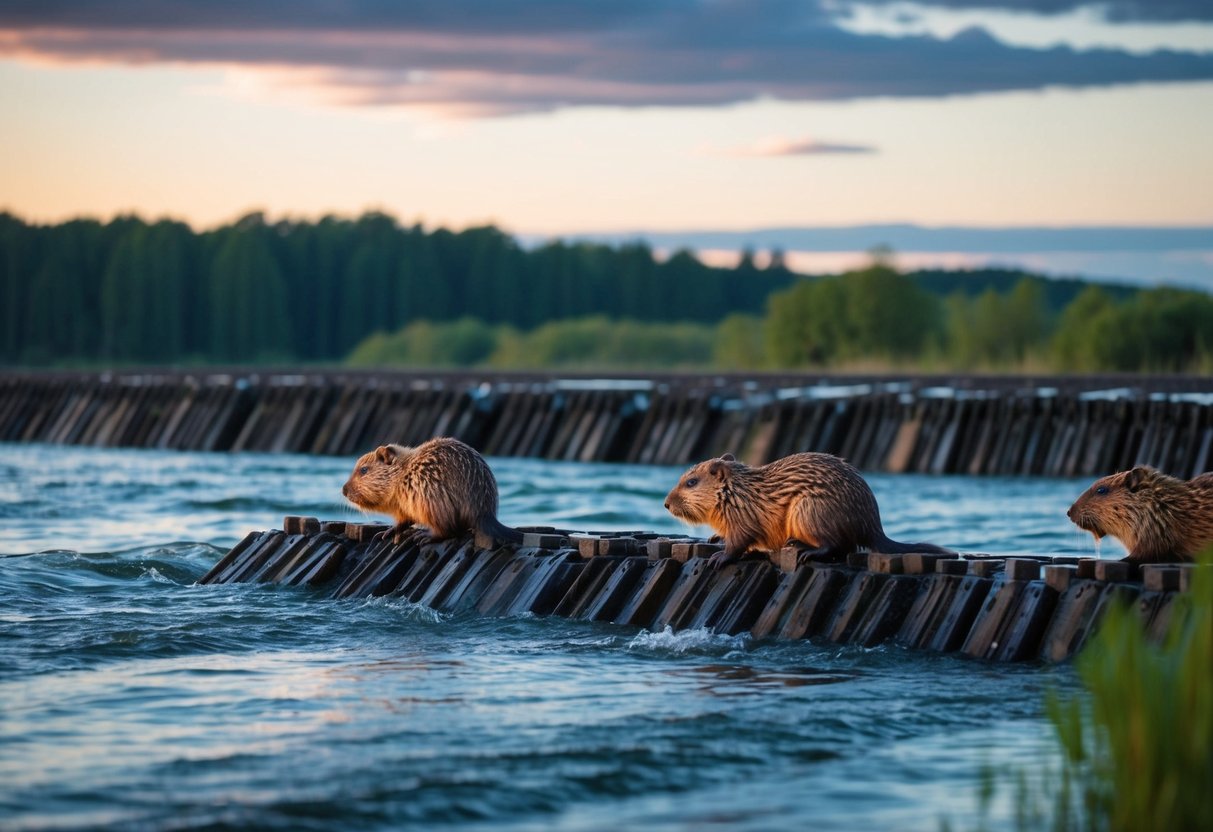 Beavers busily build dams at dusk by a rushing river