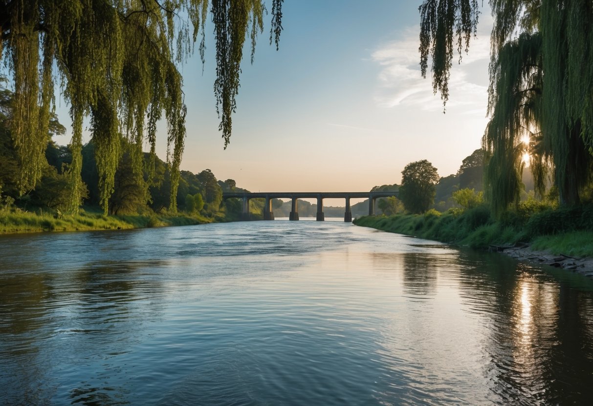 A tranquil riverbank with overhanging trees and a dam in the distance, surrounded by lush greenery and the sound of flowing water