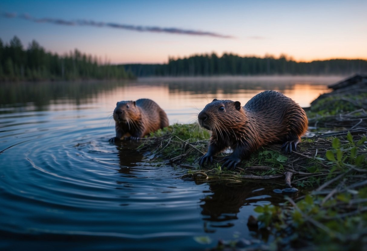 Beavers busily build dams and gather food at dusk