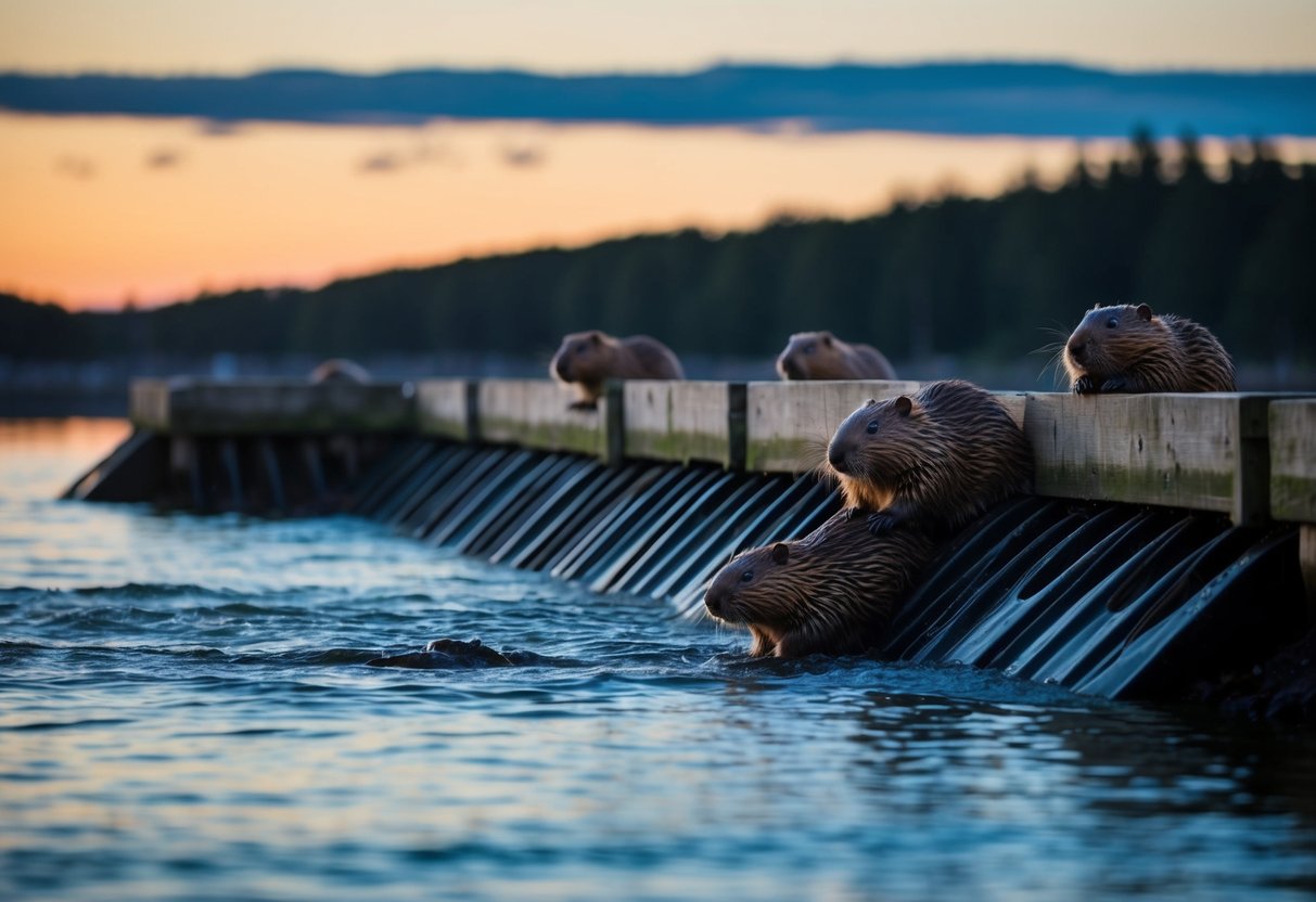 Beavers busily construct a dam at dusk