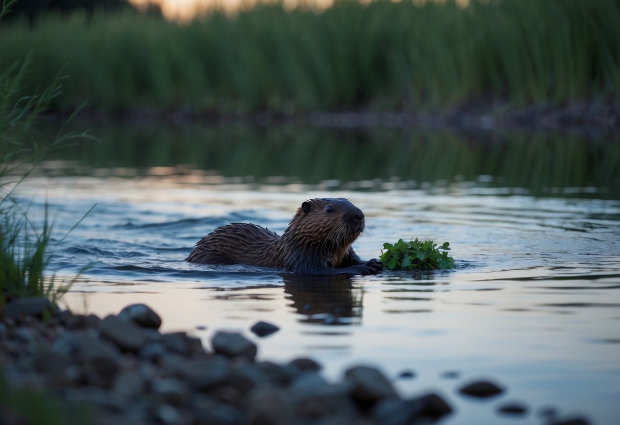 Beavers swimming and foraging for food near a riverbank at dusk