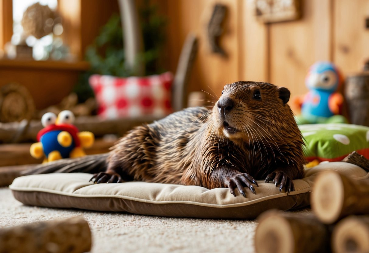 A beaver lounges in a cozy living room, surrounded by toys and a comfy bed. The room is filled with natural elements like logs and branches