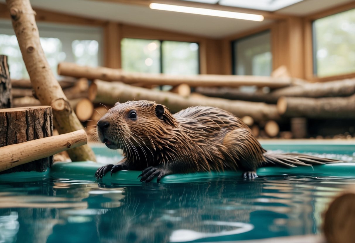 A cozy indoor habitat for a beaver, complete with a large water feature, a variety of logs and branches for chewing, and a spacious area for swimming and playing