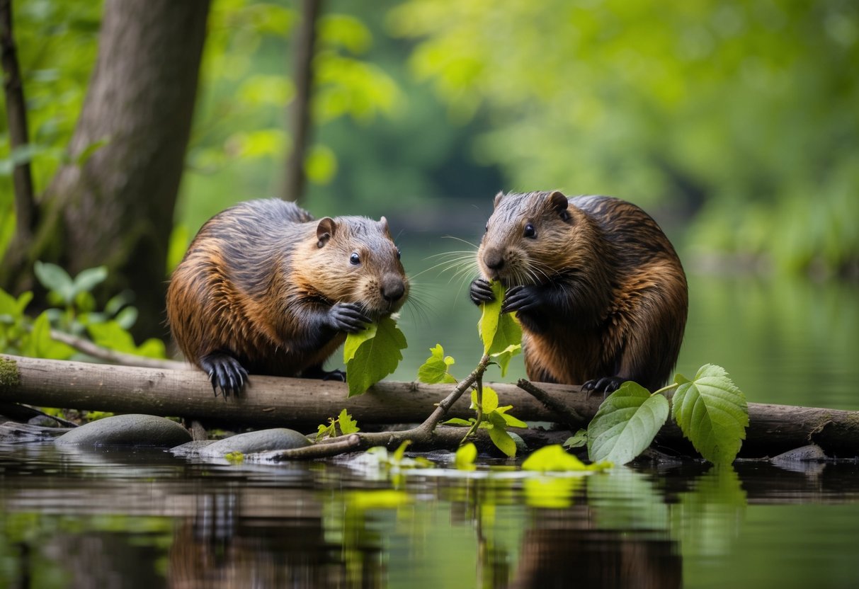 Beavers gnawing on a variety of tree branches and leaves in a lush, riverside forest