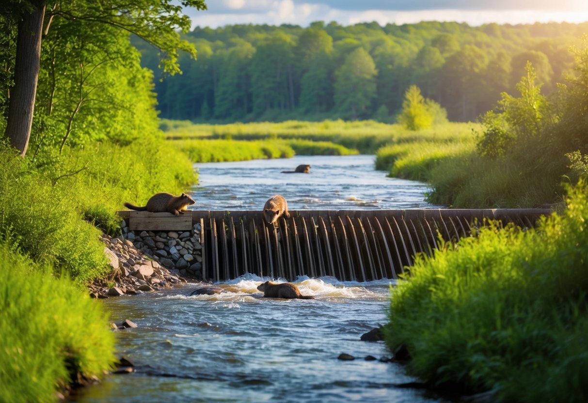 A lush forest landscape with a flowing river, where beavers are seen building a dam and creating a habitat for other wildlife