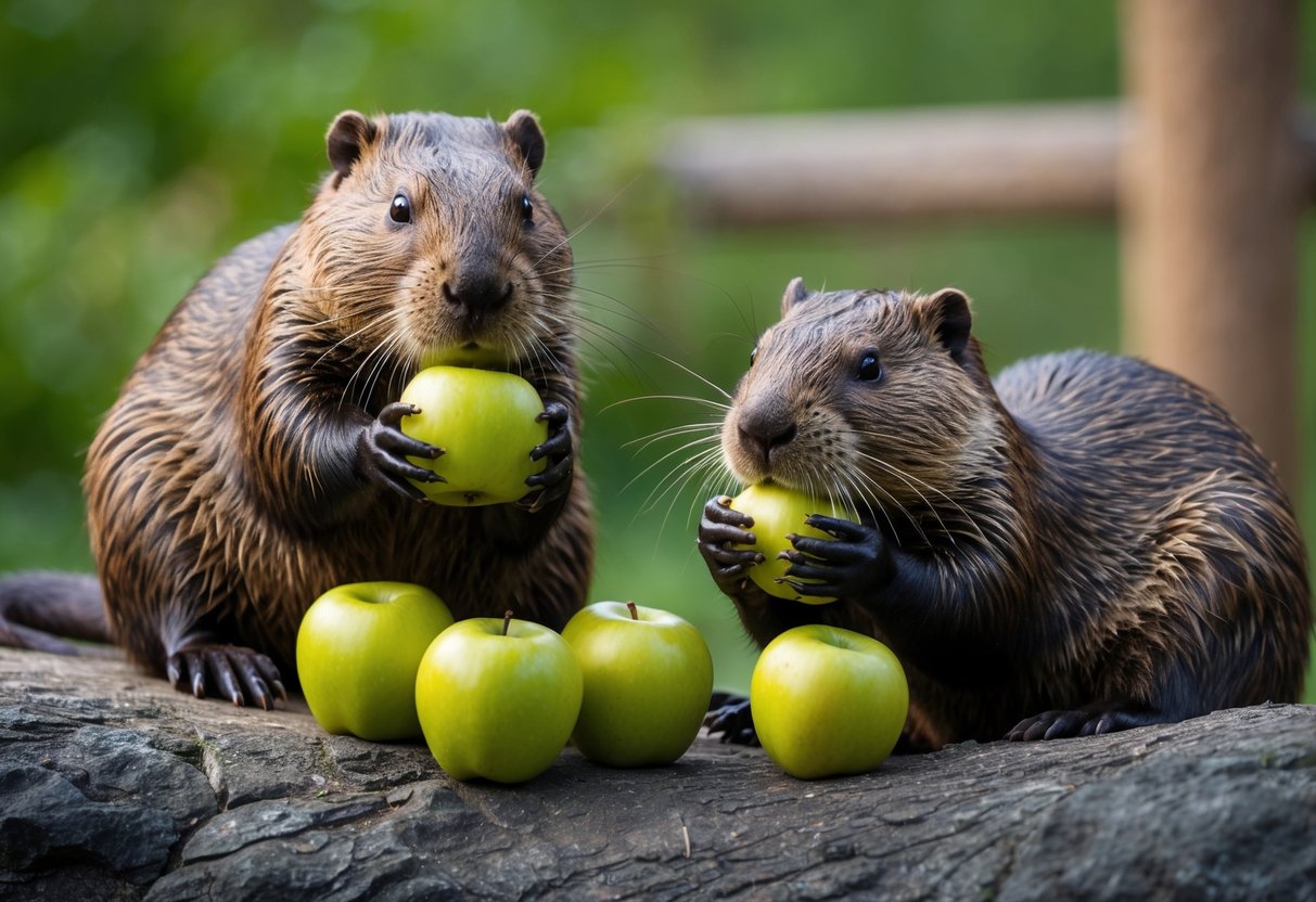 Beavers in the wild munching on apples, while beavers in captivity eagerly nibble on the fruit