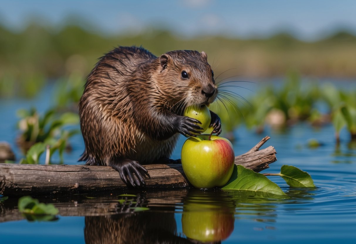 A beaver gnaws on a fallen apple tree, surrounded by a diverse wetland ecosystem