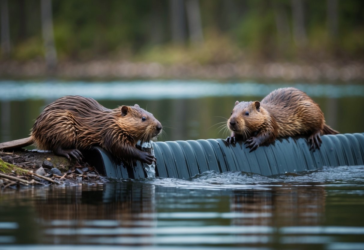 Beavers constructing a dam in a Canadian forest