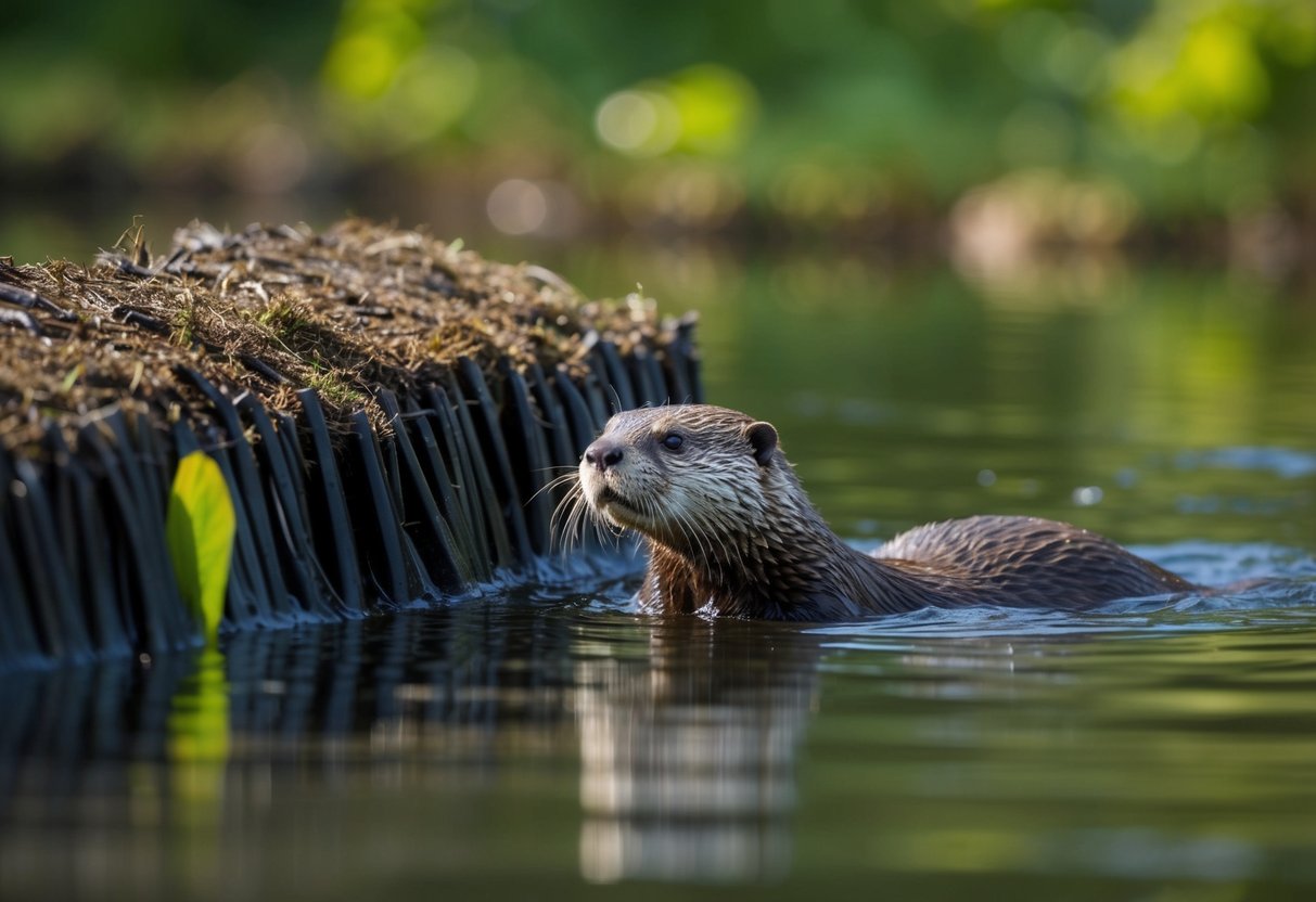 A river otter swims near a beaver dam, mimicking the beaver's appearance
