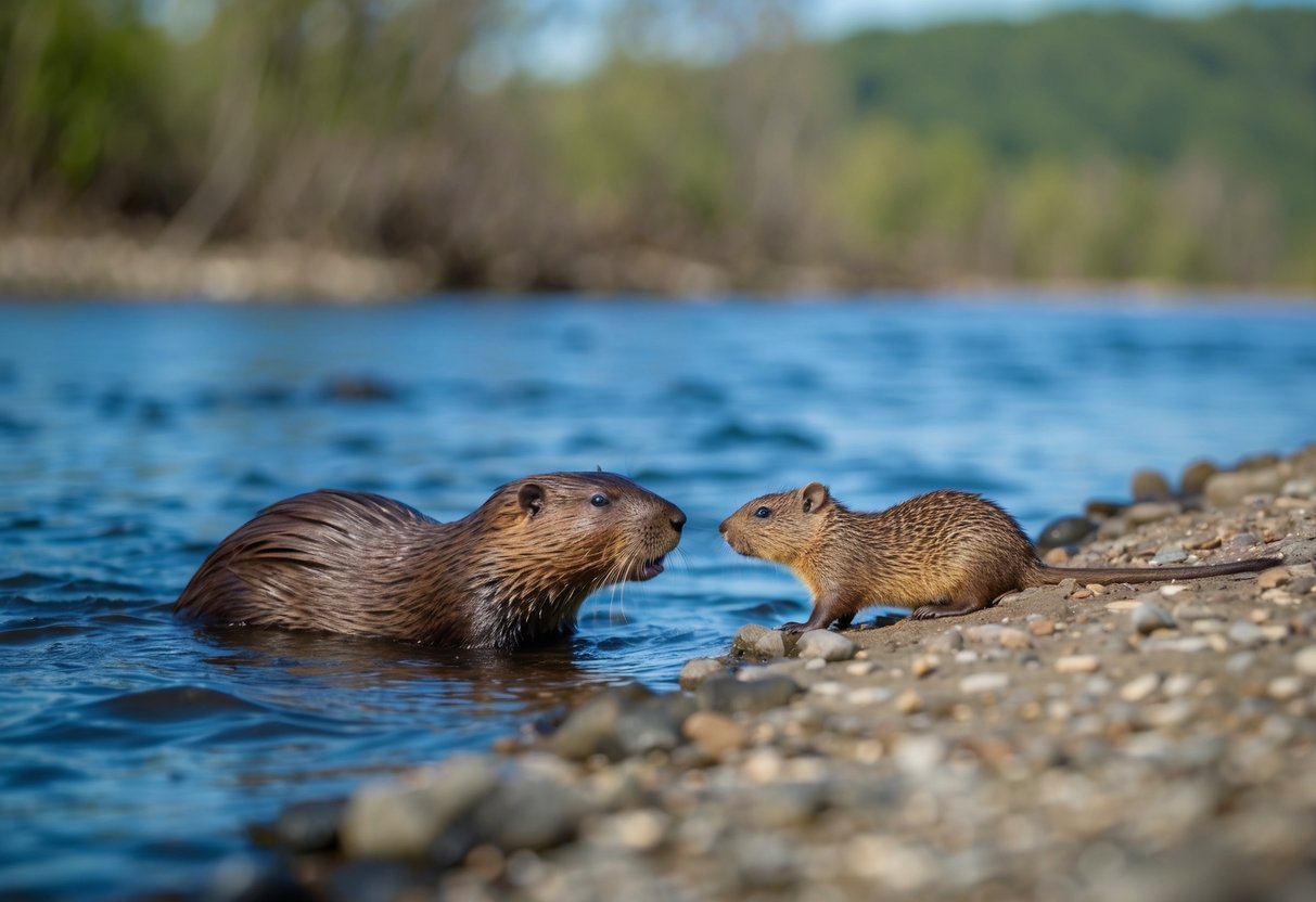 A riverbank with a beaver and a muskrat swimming side by side