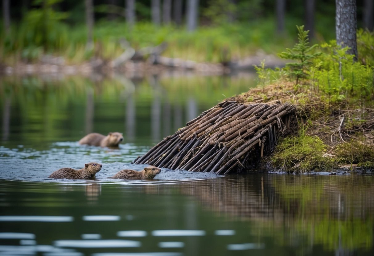 A beaver dam in a Canadian forest, with a beaver family swimming nearby