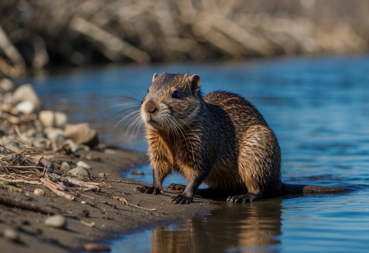 A riverbank with a large rodent resembling a beaver, but with distinct physical differences, such as a flatter tail and smaller size