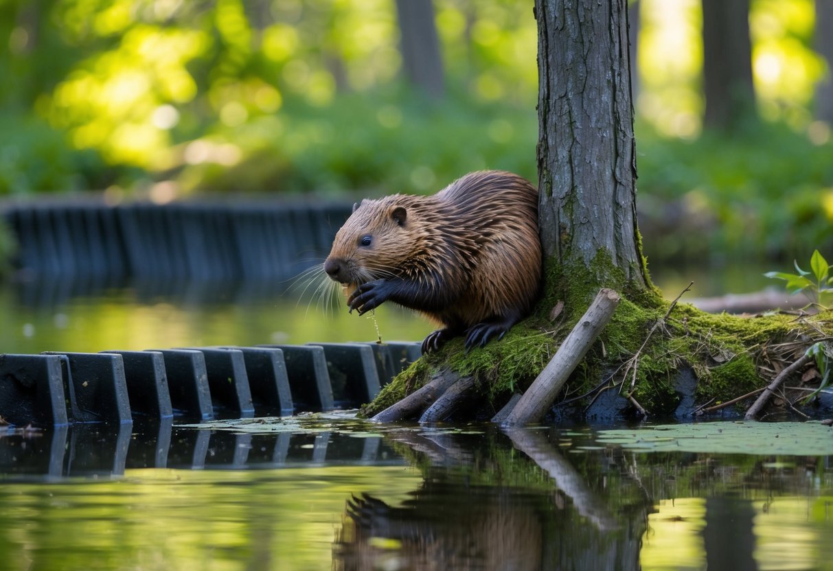 A beaver gnaws on a tree branch, surrounded by its dam and pond in a lush forest setting