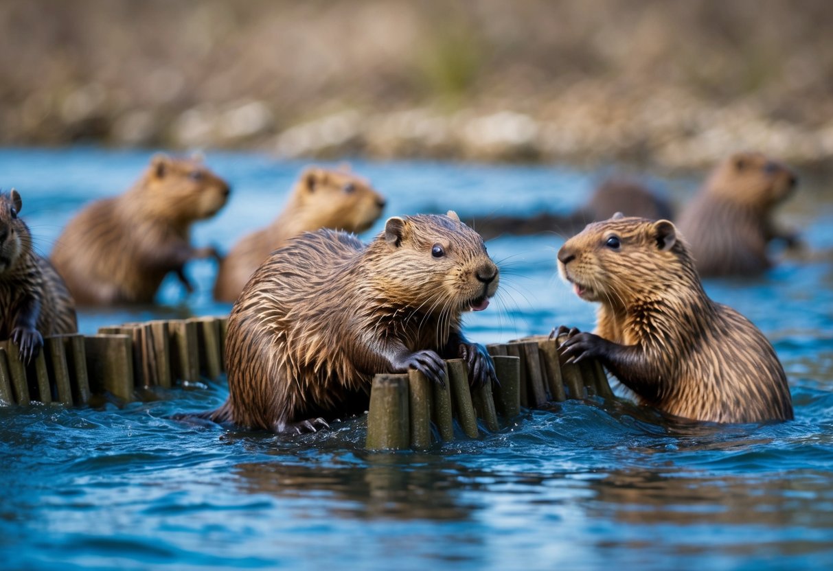 A beaver building a dam in a river, surrounded by other beavers and displaying their social behavior