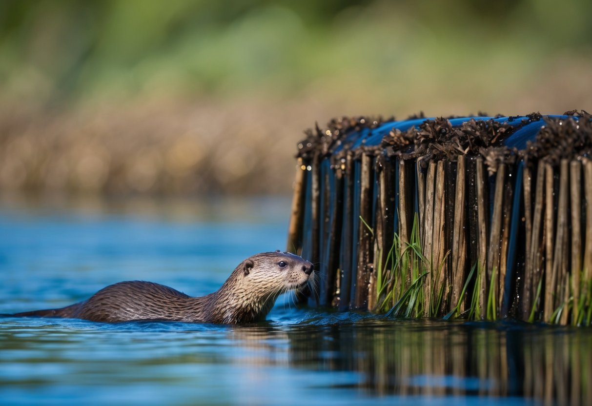 A river otter swims alongside a beaver dam, showcasing their similar ecological roles