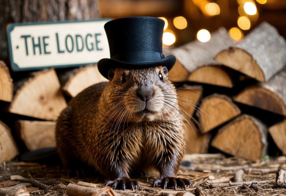 A beaver wearing a top hat and monocle, sitting in a cozy den surrounded by piles of wood and a sign that reads "The Lodge."
