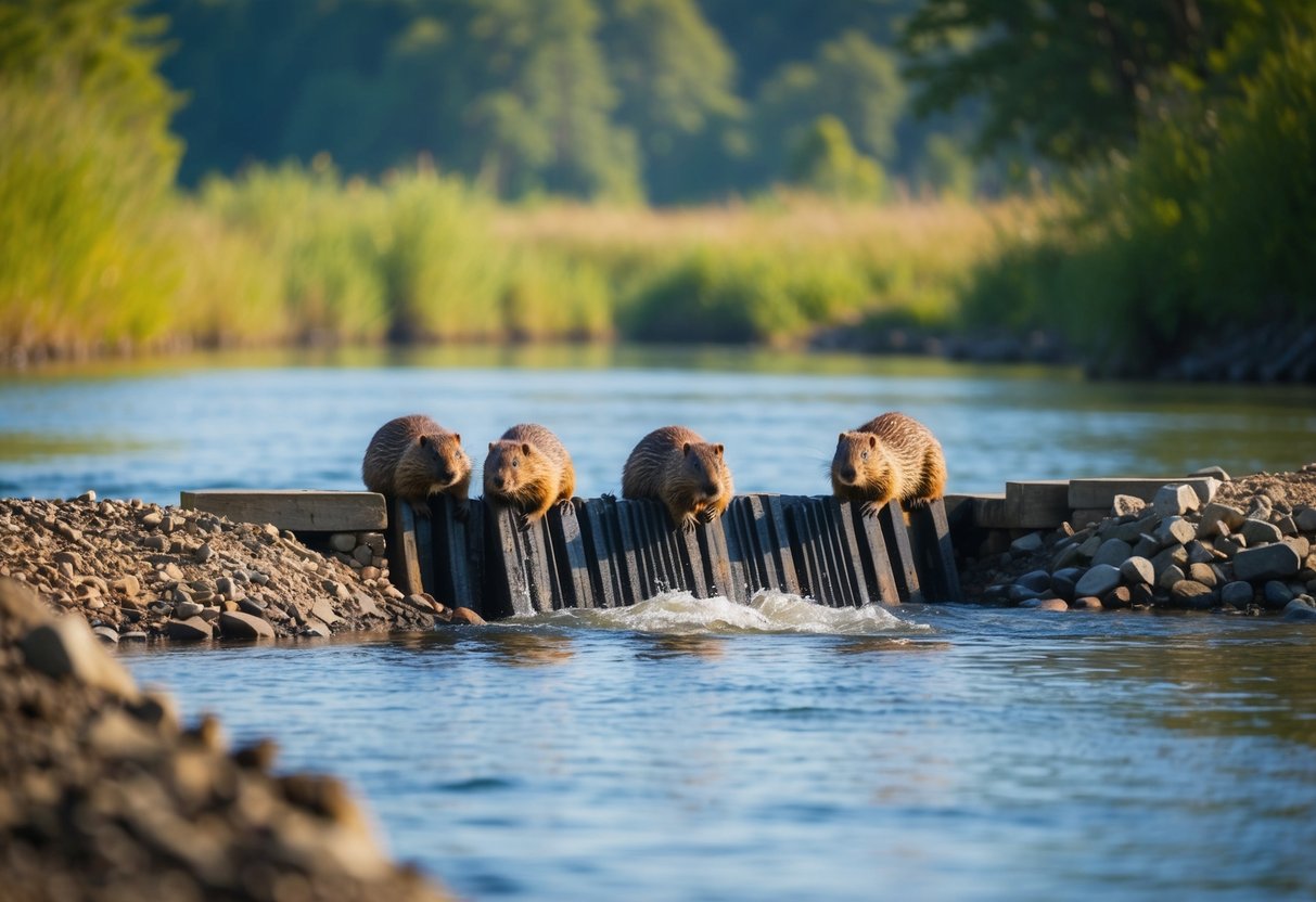 A family of beavers building a dam in a peaceful river setting