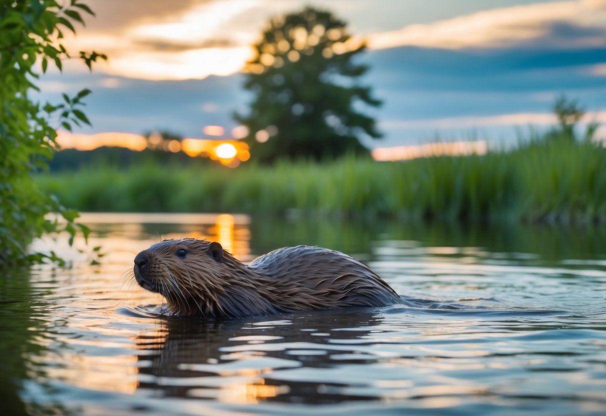 A beaver swimming in a tranquil river at sunset, surrounded by lush greenery and a few trees in the background