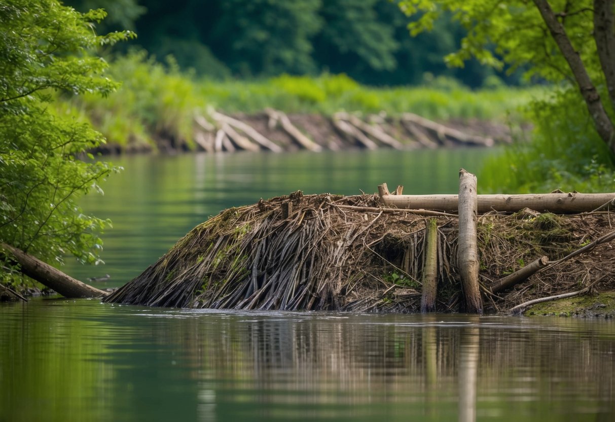 A beaver dam in a lush, riverside setting in the UK, with evidence of the beaver's handiwork evident in the felled trees and carefully constructed dam