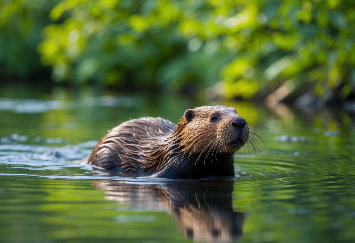 A beaver swims in a tranquil river, surrounded by lush greenery and a variety of wildlife